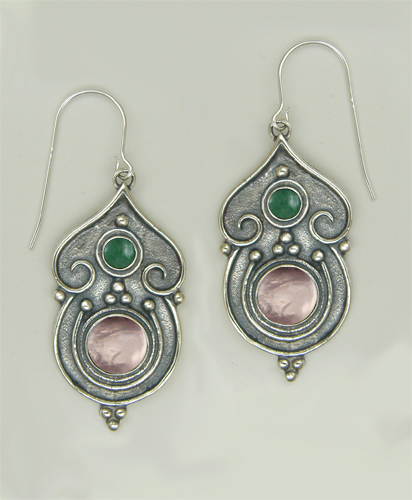 Sterling Silver Gothic Inspired Drop Dangle Earrings With Rose Quartz And Jade
